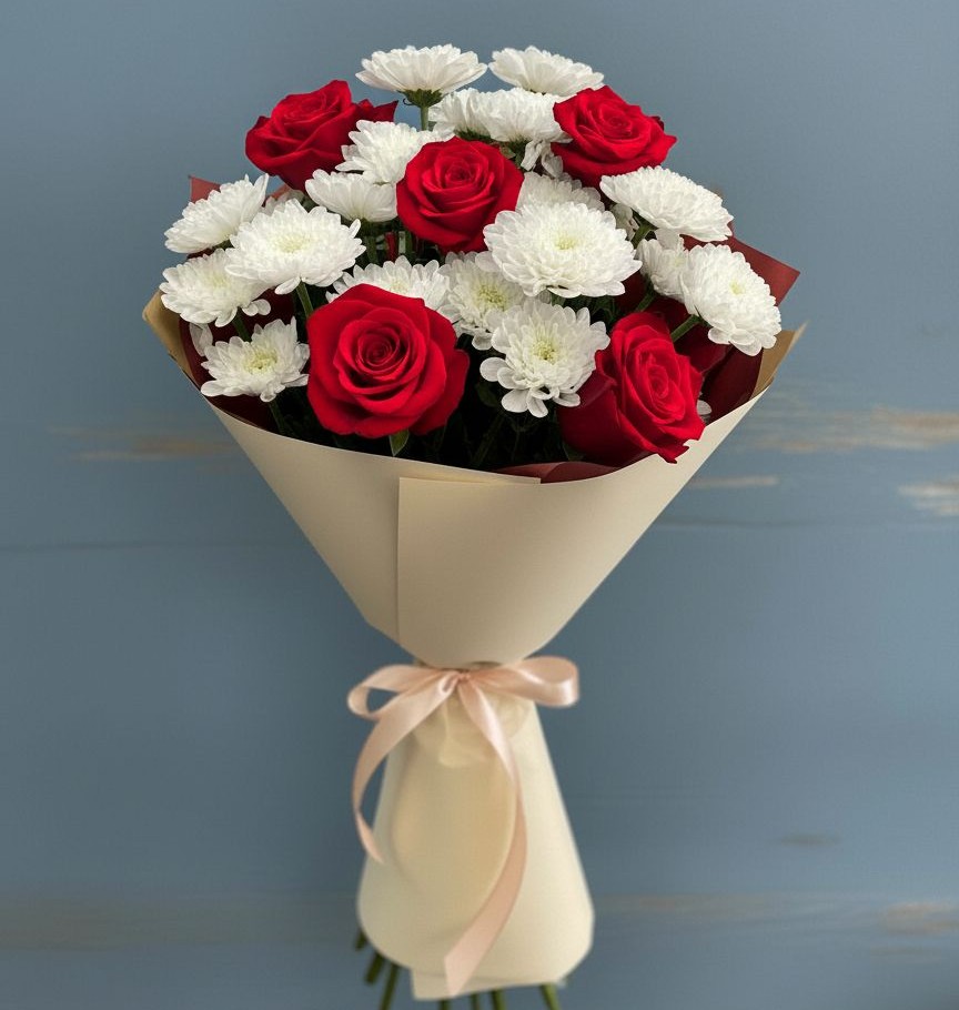 Букет цветов из: Розы и Хризантемы в Тырети 1-й