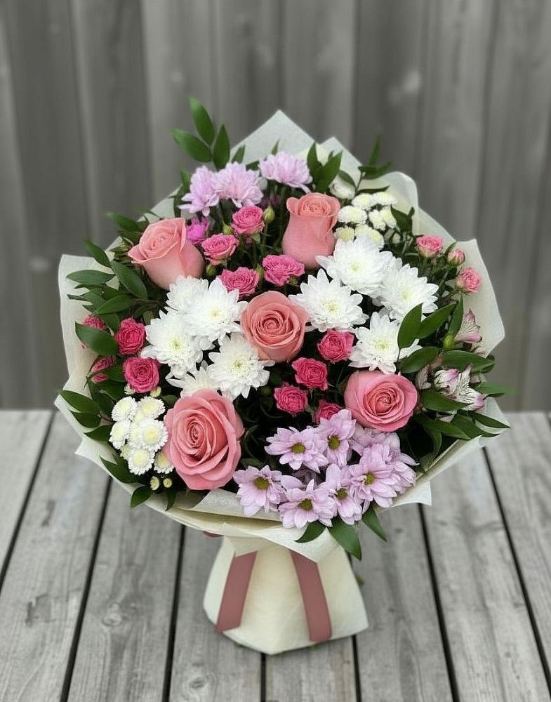 Букет цветов из: Альстромерии, Гвоздики, Розы и Хризантемы в Тырети 1-й