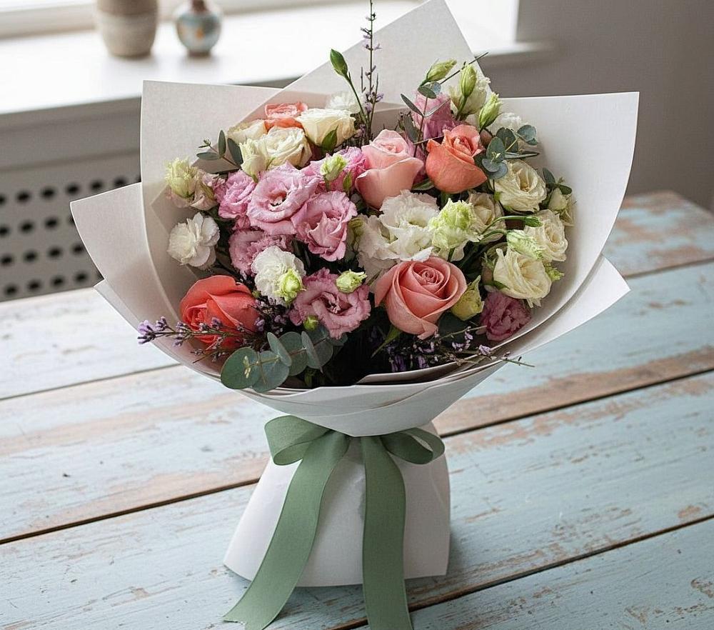 Букет цветов из: Розы, Лизиантусы и Гвоздики в Тырети 1-й