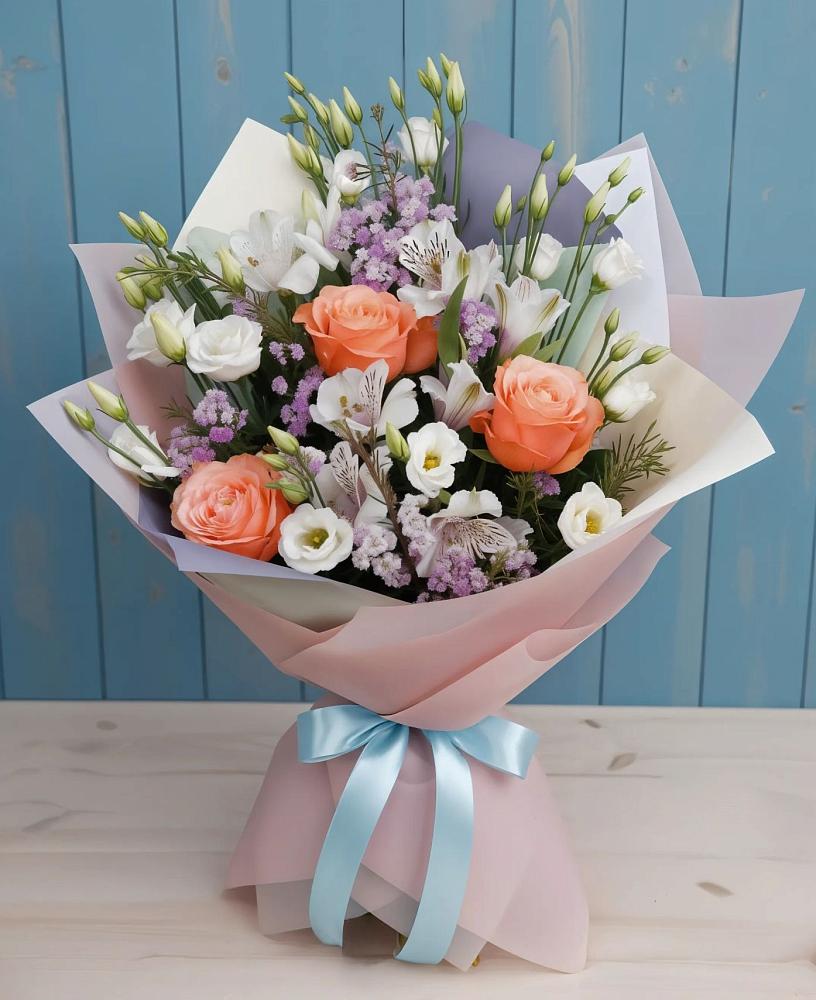 Букет цветов из: Лизиантусы, Розы, Альстромерии и Гипсофила в Тырети 1-й