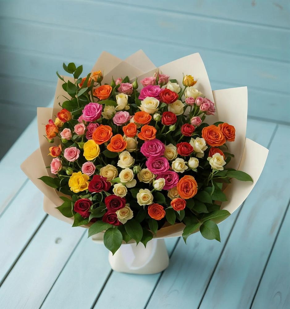 Букет Микс из разноцветных кустовых роз в Тырети 1-й