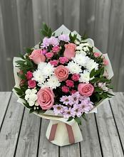 Букет цветов из:  Альстромерии, Гвоздики, Розы и Хризантемы в Тырети 1-й