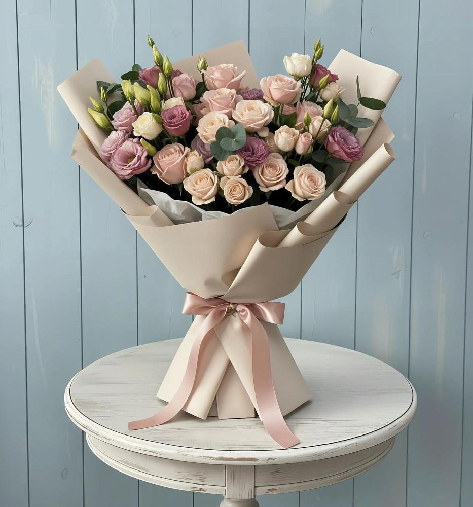 Букет цветов из: Розы и Лизиантусы в Тырети 1-й