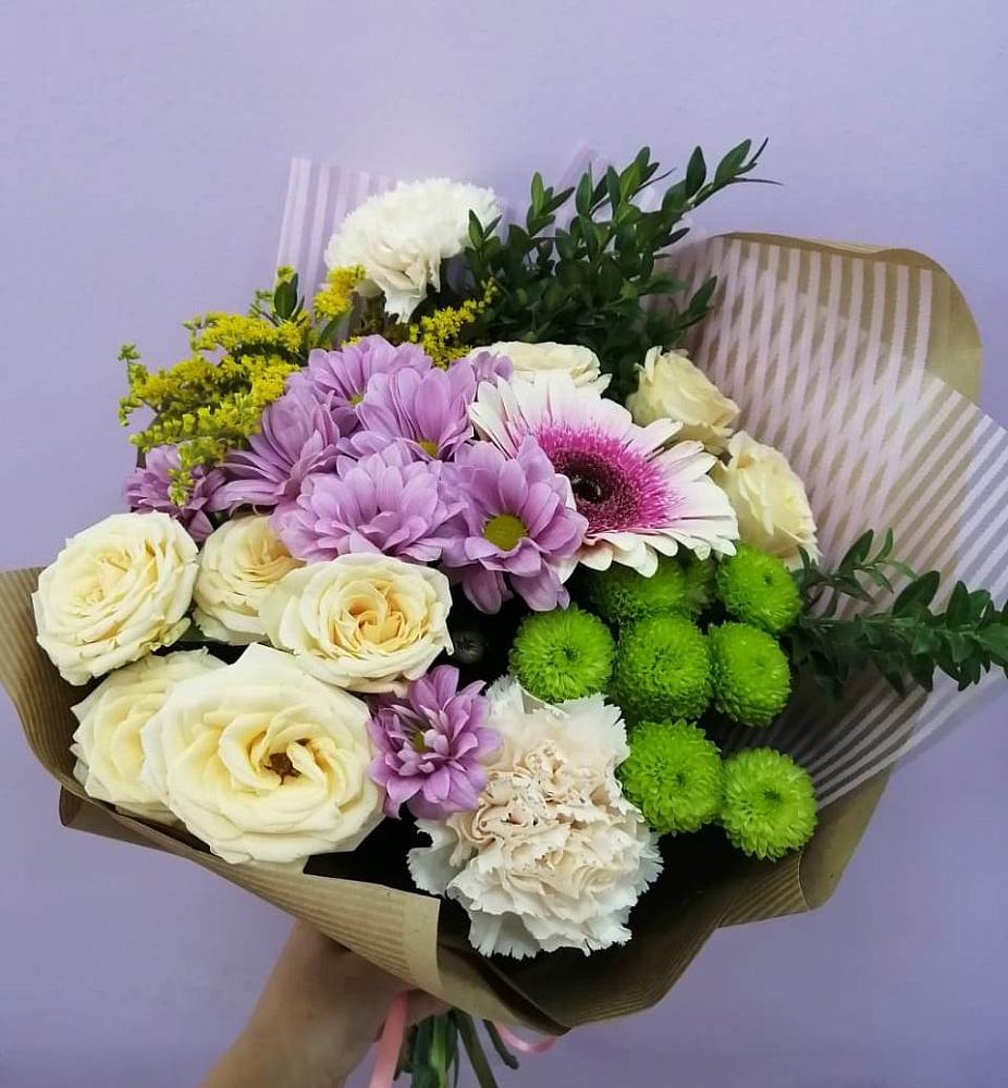 Букет цветов из: Хризантемы, Розы, Гвоздики и Герберы в Тырети 1-й