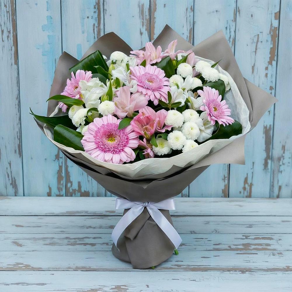 Букет цветов из: Герберы, Альстромерии и Хризантемы в Тырети 1-й