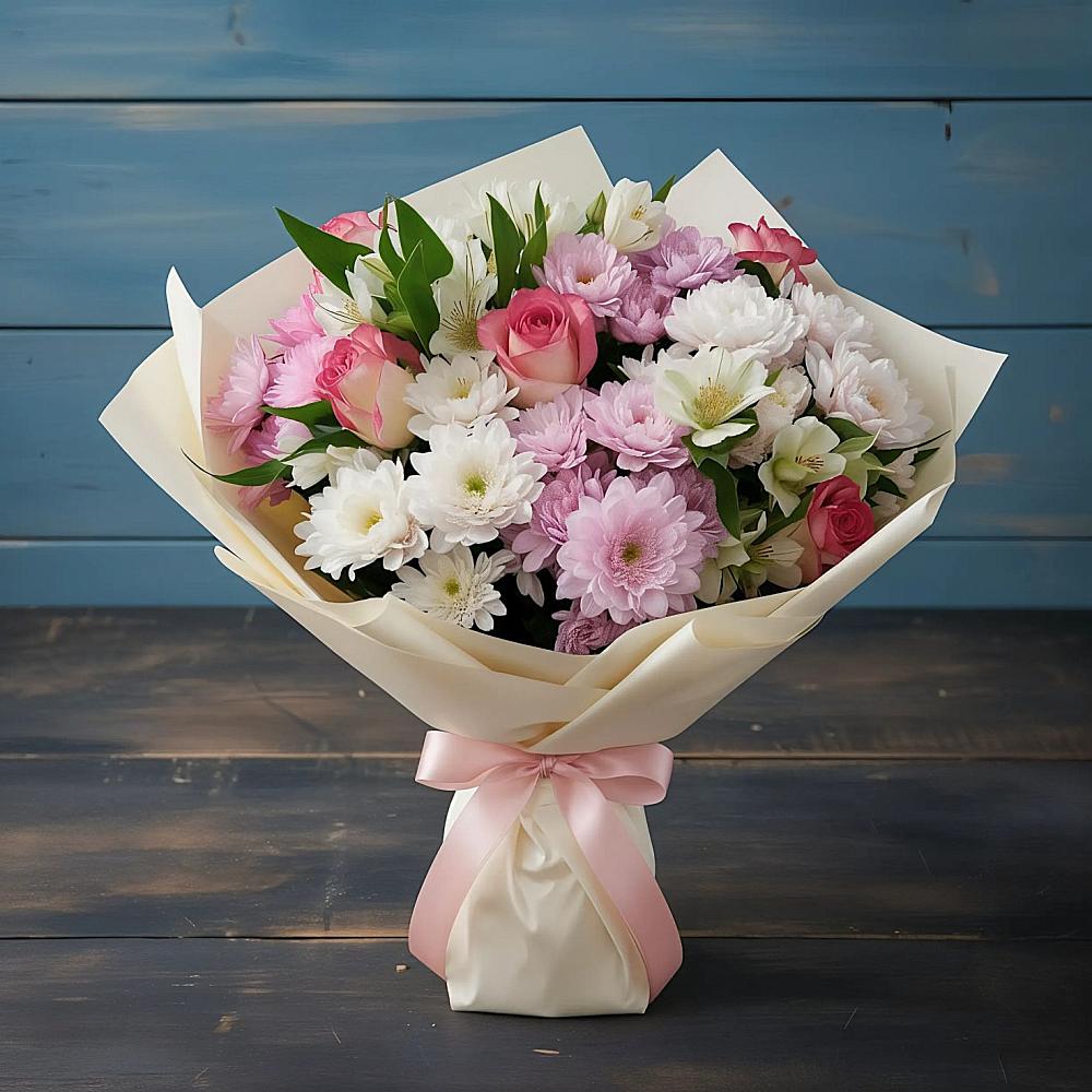 Букет цветов из: Хризантемы, Альстромерии и Розы в Тырети 1-й